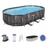 Bestway 5611R swimmingpool til over jorden Indrammet pool Oval 20241 L Træ, Swimming pool mørk brun/Blå, 20241 L, Indrammet pool, Voksen & barn, Stige, Træ, 89,4 kg