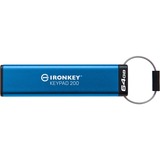 Kingston IronKey 64GB Keypad 200, FIPS 140-3 Niveau 3 AES-256 hardwarekrypteret, USB-stik FIPS 140-3 Niveau 3 AES-256 hardwarekrypteret, 64 GB, USB Type-A, 3.2 Gen 1 (3.1 Gen 1), 145 MB/s, Muffe, Blå