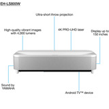 Epson EH-LS800W Ultrakort projektor med kort projiceringsafstand 4000 ANSI lumens 3LCD 4K+ (5120x3200) Hvid, Laser projektor Hvid, 4000 ANSI lumens, 3LCD, 4K+ (5120x3200), 2500000:1, 16:9, 2032 - 3810 mm (80 - 150")