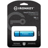 Kingston IronKey 16GB USB-C Vault Privacy 50C AES-256 Encrypted, FIPS 197, USB-stik Lyseblå/Sort, FIPS 197, 16 GB, USB Type-C, 3.2 Gen 1 (3.1 Gen 1), 250 MB/s, Hætte, Sort, Blå