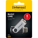 Intenso Basic Line USB-nøgle 8 GB USB Type-A 2.0 Sort, Sølv, USB-stik Sort/Sølv, 8 GB, USB Type-A, 2.0, 28 MB/s, Svirvel, Sort, Sølv