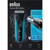 Braun Series 3 ProSkin 3045s Folie shaver Trimmer Sort, Blå Sort/Blå, Folie shaver, 2 SensoFoil, 1 Middle Trimmer, Sort, Blå, LED, Batteri, Nikkel-Metalhydrid (NiMH)