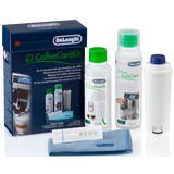 DeLonghi Coffee Care Kit, vedligeholdelsessæt til kaffemaskiner med vandfilter, EcoDecalk, Eco MultiClean, mikrofiberklud, vandhårdhedstestpind., Afkalkning vedligeholdelsessæt til kaffemaskiner med vandfilter, EcoDecalk, Eco MultiClean, mikrofiberklud, vandhårdhedstestpind., Rengøringssæt, DeLonghi, Flaske, 5 stk, 200 ml, 208 mm