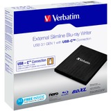 Verbatim 43889 optisk diskdrev Blu-Ray RW Sort, eksterne Blu-ray brænder Sort, Sort, Bakke, Desktop/notebook, Blu-Ray RW, USB 3.1 Gen 1, BD, BD-R, BD-R DL, CD, DVD