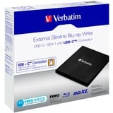 Verbatim 43889 optisk diskdrev Blu-Ray RW Sort, eksterne Blu-ray brænder Sort, Sort, Bakke, Desktop/notebook, Blu-Ray RW, USB 3.1 Gen 1, BD, BD-R, BD-R DL, CD, DVD