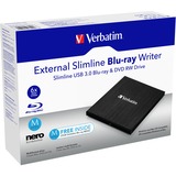 Verbatim External Slimline optisk diskdrev Blu-Ray RW Sort, eksterne Blu-ray brænder Sort, Sort, Slot, Desktop/notebook, Blu-Ray RW, USB 3.2 Gen 1 (3.1 Gen 1), 145 mm