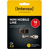 Intenso Mini Mobile Line USB-nøgle 16 GB USB Type-A / Micro-USB 2.0 Sort, USB-stik 16 GB, USB Type-A / Micro-USB, 2.0, 20 MB/s, Hætte, Sort