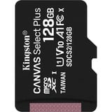 Kingston 128 GB micSDXC Canvas Select Plus 100R A1 C10, enkelt pakke uden ADP, Hukommelseskort Sort, enkelt pakke uden ADP, 128 GB, MicroSDXC, Klasse 10, UHS-I, 100 MB/s, Class 1 (U1)