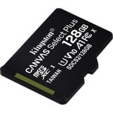 Kingston 128 GB micSDXC Canvas Select Plus 100R A1 C10, enkelt pakke uden ADP, Hukommelseskort Sort, enkelt pakke uden ADP, 128 GB, MicroSDXC, Klasse 10, UHS-I, 100 MB/s, Class 1 (U1)
