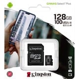 Kingston Canvas Select 128 GB micSDXC Plus 100R A1 C10-kort + ADP, Hukommelseskort Sort, 128 GB, MicroSDXC, Klasse 10, UHS-I, 100 MB/s, Class 1 (U1)