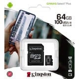 Kingston Canvas Select Plus 64 GB MicroSDXC UHS-I Klasse 10, Hukommelseskort Sort, 64 GB, MicroSDXC, Klasse 10, UHS-I, 100 MB/s, 85 MB/s