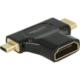 DeLOCK HDMI-A/HDMI Mini-C+ Micro-D, F/M+M Mini-HDMI + Micro-HDMI Sort, Adapter Sort, F/M+M, HDMI, Mini-HDMI + Micro-HDMI, Hunstik, Hanstik, Guld, 3840 x 2160 pixel