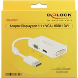 DeLOCK 0.16m DisplayPort/VGA+HDMI+DVI-D 0,16 m VGA (D-Sub)+ HDMI + DVI Hvid, Adapter Hvid, 0,16 m, DisplayPort, VGA (D-Sub)+ HDMI + DVI, Hanstik, Hunstik, 1920 x 1200 pixel