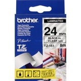 Brother TZE-151 etiketbånd Sort på transparant, Tape Sort på transparant, TZe, Sort, Termisk overførsel, Filippinerne, 5 År