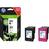 HP Originale 301-blækpatroner, sort/trefarvet, 2-pak Sort, sort/trefarvet, 2-pak, Standard udbytte, Pigmentbaseret blæk, Farvebaseret blæk, 3 ml, 3 ml, 2 stk