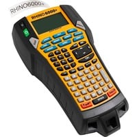 Dymo Rhino 6000+ Industrielabelmaskine | Computerforbundet labelmaskine med hårdt bæreetui | Inkluderer 1 vinylbåndskassette, 1 fleksibel nylonbåndskassette og genopladeligt lithium-ion-batteri, Etiketteringsmaskine 1 fleksibel nylonbåndskassette og genopladeligt lithium-ion-batteri, ABC, Direkte termisk, Ledningsført, Gul