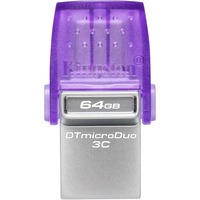 Kingston DataTraveler 64 GB microDuo 3C 200 MB/s, dobbelt USB-A + USB-C, USB-stik Violet/gennemsigtig, dobbelt USB-A + USB-C, 64 GB, USB Type-A / USB Type-C, 3.2 Gen 1 (3.1 Gen 1), 200 MB/s, Andet, Lilla, Rustfrit stål