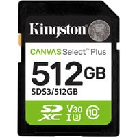Kingston 512 GB SDXC Canvas Select Plus Gen3 150 MB/s C10 UHS-I U3 V30, Hukommelseskort 512 GB, SD, Klasse 10, UHS-I, 150 MB/s, Class 3 (U3)