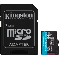 Kingston 64 GB microSDXC Canvas Go! Plus Gen4 200MB/s A2 U3 V30-kort + adapter, Hukommelseskort Sort, 64 GB, MicroSD, Klasse 10, UHS-I, 200 MB/s, 100 MB/s