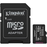 Kingston 512 GB microSDXC Canvas Select Plus Gen3 150 MB/s A1-kort + adapter, Hukommelseskort Sort, 512 GB, MicroSDXC, Klasse 10, UHS-I, 150 MB/s, Class 3 (U3)