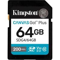 Kingston Canvas Go! Plus 64 GB SDXC Canvas Go Plus Gen4 200 MB/s C10 UHS-I U3 V30, Hukommelseskort Sort, 64 GB, SDXC, Klasse 10, UHS-I, 200 MB/s, 100 MB/s