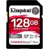 Kingston 128 GB Canvas React Plus SDXC UHS-II 300R/260W U3 V90 i fuld HD/4K/8K, Hukommelseskort Sort, 128 GB, SD, Klasse 10, UHS-II, 300 MB/s, 260 MB/s