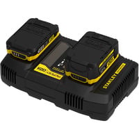 Stanley V20 dobbeltkammer hurtigoplader (18V / 4A) til V20 batterier Sort/Gul