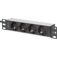 Digitus 10" stikdåse med aluminiumprofil, 4-vejs, 1U, Strømskinne Sort/aluminium