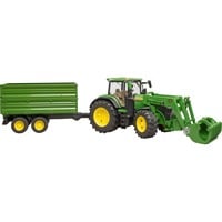 bruder John Deere 7R 350 med frontlæsser og tandemaksel transportanhænger, Model køretøj Grøn