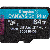 Kingston 64 GB microSDXC Canvas Go! Plus Gen4 200R A2 U3, enkelt pakke uden ADP, Hukommelseskort Sort, enkelt pakke uden ADP, 64 GB, MicroSD, Klasse 10, UHS-I, 200 MB/s, 100 MB/s