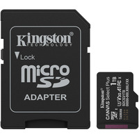 Kingston 1 TB microSDXC Canvas Select Plus Gen3 150 MB/s A1-kort + adapter, Hukommelseskort Sort, 1 TB, MicroSDXC, Klasse 10, UHS-I, 150 MB/s, Class 3 (U3)