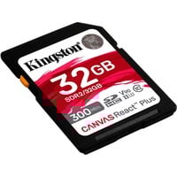 Kingston 32 GB Canvas React Plus SDHC UHS-II 300R/260W U3 V90 i fuld HD/4K/8K, Hukommelseskort Sort, 32 GB, SD, Klasse 10, UHS-II, 300 MB/s, 260 MB/s