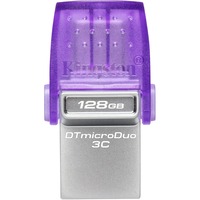 Kingston DataTraveler 128 GB microDuo 3C 200 MB/s, dobbelt USB-A + USB-C, USB-stik Violet/gennemsigtig, dobbelt USB-A + USB-C, 128 GB, USB Type-A / USB Type-C, 3.2 Gen 1 (3.1 Gen 1), 200 MB/s, Andet, Rustfrit stål, Lilla