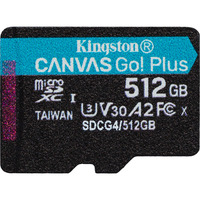 Kingston 512 GB microSDXC Canvas Go! Plus Gen4 200R A2 U3, enkelt pakke uden ADP, Hukommelseskort Sort, enkelt pakke uden ADP, 512 GB, MicroSD, Klasse 10, UHS-I, 200 MB/s, 160 MB/s