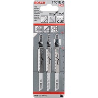 Bosch T 101 BR Stiksavklinger High Carbon Steel (HCS) 3 stk Stiksavklinger, Spånplade, Fiberbræt, Panel, Blødt træ, High Carbon Steel (HCS), Sort, Rustfrit stål, 2,5 mm, 3 cm