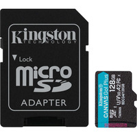 Kingston 128 GB microSDXC Canvas Go! Plus Gen4 200 MB/s A2 U3 V30-kort + adapter, Hukommelseskort Sort, 128 GB, MicroSD, Klasse 10, UHS-I, 200 MB/s, 100 MB/s