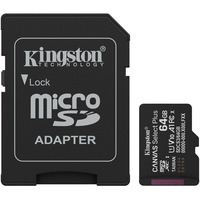 Kingston 64 GB microSDXC Canvas Select Plus Gen3 100 MB/s A1-kort + adapter, Hukommelseskort Sort, 64 GB, MicroSDXC, Klasse 10, UHS-I, 100 MB/s, Class 1 (U1)