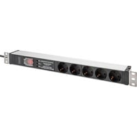 Digitus 19" stikdåse med aluminiumprofil, 5-vejs, 1U, Strømskinne Sort/aluminium