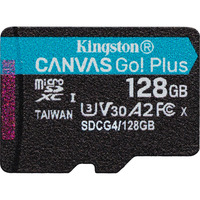 Kingston 128 GB microSDXC Canvas Go! Plus Gen4 200R A2 U3, enkelt pakke uden ADP, Hukommelseskort Sort, enkelt pakke uden ADP, 128 GB, MicroSD, Klasse 10, UHS-I, 200 MB/s, 100 MB/s