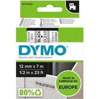 Dymo Originale D1-etiketter | Sort tekst på gennemsigtig tape | 12 mm x 7 m | Selvklæbende etiketter til LabelManager-mærkningsmaskiner | Fremstillet i Europa Sort på transparant, Polyester, Belgien, -18 - 90 °C, DYMO, LabelManager, LabelWriter 450 DUO