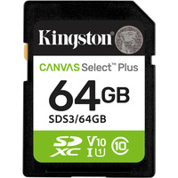 Kingston 64 GB SDXC Canvas Select Plus Gen3 100 MB/s C10 UHS-I U1 V10, Hukommelseskort 64 GB, SD, Klasse 10, UHS-I, 100 MB/s, Class 1 (U1)