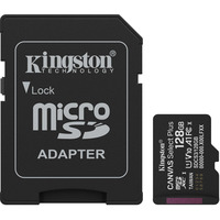 Kingston 128 GB microSDXC Canvas Select Plus Gen3 150 MB/s A1-kort + adapter, Hukommelseskort Sort, 128 GB, MicroSDXC, Klasse 10, UHS-I, 150 MB/s, Class 1 (U1)