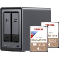 UGREEN DXP2800 Bundle med 2x Toshiba N300 4 TB (MN10ADA400ES), NAS grå/Sort