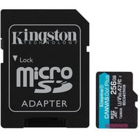 Kingston 256 GB microSDXC Canvas Go! Plus Gen4 200 MB/s A2 U3 V30-kort + adapter, Hukommelseskort Sort, 256 GB, MicroSD, Klasse 10, UHS-I, 200 MB/s, 160 MB/s