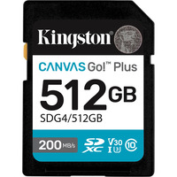 Kingston Canvas Go! Plus 512 GB SDXC Canvas Go Plus Gen4 200 MB/s C10 UHS-I U3 V30, Hukommelseskort Sort, 512 GB, SDXC, Klasse 10, UHS-I, 200 MB/s, 160 MB/s
