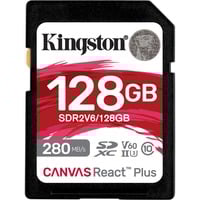 Kingston 128 GB Canvas React Plus SDXC UHS-II 280R/100W U3 V60 til fuld HD/4K, Hukommelseskort Sort, 128 GB, SDXC, Klasse 10, UHS-II, 280 MB/s, 100 MB/s