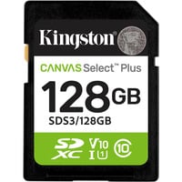 Kingston 128 GB SDXC Canvas Select Plus Gen3 150 MB/s C10 UHS-I U1 V10, Hukommelseskort 128 GB, SD, Klasse 10, UHS-I, 150 MB/s, Class 1 (U1)