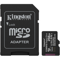 Kingston 256 GB microSDXC Canvas Select Plus Gen3 150 MB/s A1-kort + adapter, Hukommelseskort Sort, 256 GB, MicroSDXC, Klasse 10, UHS-I, 150 MB/s, Class 1 (U1)
