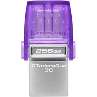 Kingston DataTraveler 256 GB microDuo 3C 200 MB/s, dobbelt USB-A + USB-C, USB-stik Violet/gennemsigtig, dobbelt USB-A + USB-C, 256 GB, USB Type-A / USB Type-C, 3.2 Gen 1 (3.1 Gen 1), 200 MB/s, Andet, Rustfrit stål, Lilla