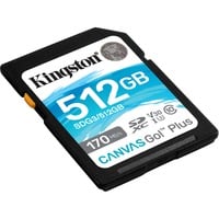 Kingston Canvas Go! Plus 512 GB SDXC Canvas Go Plus 170R C10 UHS-I U3 V30, Hukommelseskort Sort, 512 GB, SD, Klasse 10, UHS-I, 170 MB/s, 90 MB/s